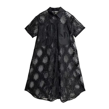 XITAO Lace Patchwork Single Breasted Dress Solid Color Turn-down Collar Short Sleeve Loose A-line Slim All Match Dress ZMY1190