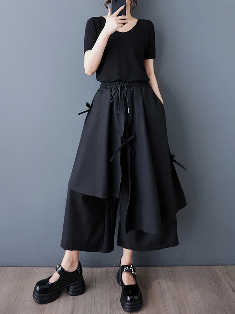 XITAO Asymmetric Drawstring Elastic Waist Pant Casual Solid Color Loose Fitting Fashion Fake Two Pieces Women Pant ZMY1045