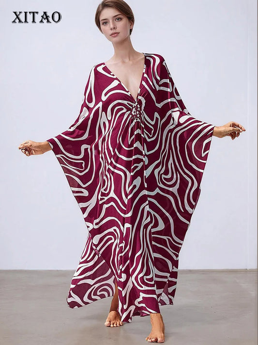 XITAO Irregular Print Contrast Color Dress Temperament Side Slit Bat Wing Sleeve Loose Fashion Summer Woman V-neck Dress GJ1174