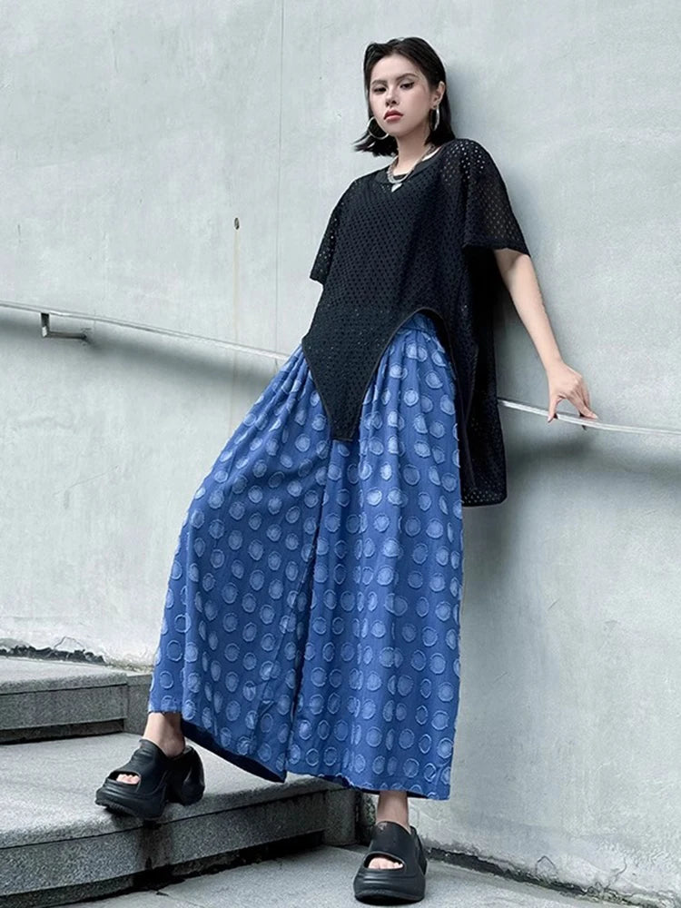 XITAO Dot Patchwork Contrast Color Print Pants Elastic Waist Pocket Loose Casual Match Personality Slimming Women Pants HQQ2515