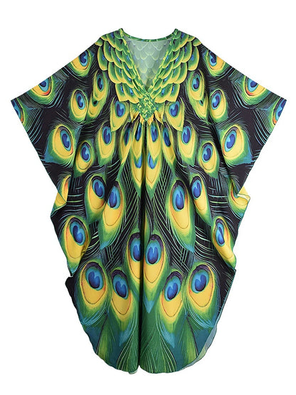 XITAO Batwing Sleeve Print Contrast Color Pullover Dress V-neck Loose New Temperament Ankle-length Women Dress Summer GJ1143