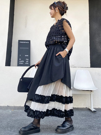 XITAO Vintage Mesh Patchwork Skirt Fashion All-match Asymmetric Women Loose Korea Trend Elastic Waist A-line Skirt GYX1612
