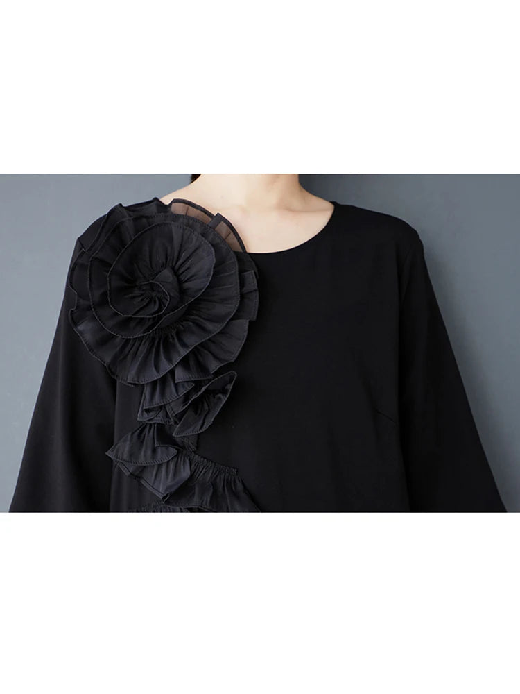 XITAO Flower Patchwork Loose Female Dress Vintage Solid Color Temperament Elegant Women Simple Irregular Casual Dress ZMY1064