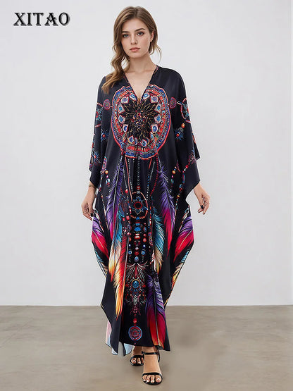 XITAO Bat Wing Sleeve Loose Print Dress Side Slit Personality Trend All-match Pullover Casual Elegant Summer Female Dress GJ1202