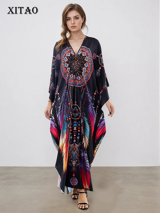 XITAO Bat Wing Sleeve Loose Print Dress Side Slit Personality Trend All-match Pullover Casual Elegant Summer Female Dress GJ1202