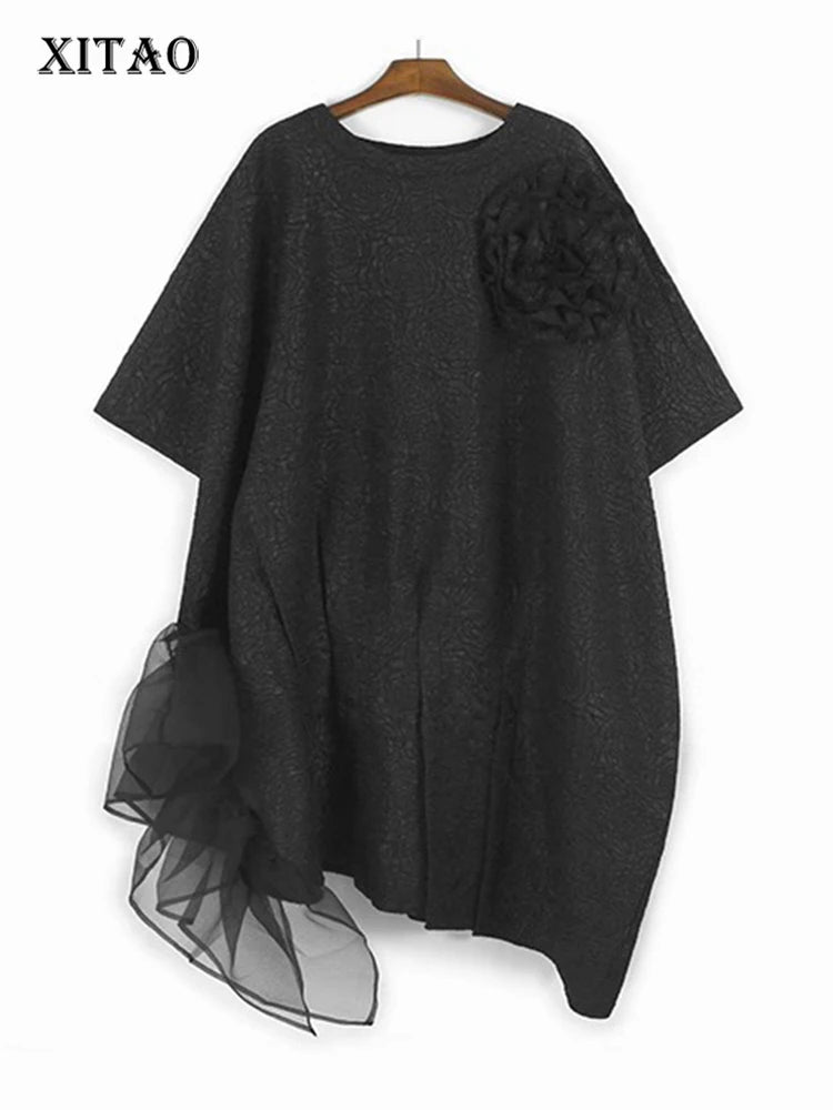 XITAO Irregular Flower O-neck Female Dress Fashion Asymmetric Folds Patchwork Women Simple Temperament A-line Dress ZMY1189