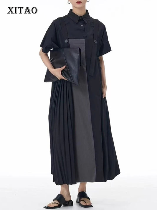 XITAO Loose Folds Dress Fashion Contrast Color Patchwork Women Irregular All-match A-line Sleeveless Summer Dress ZMY1183