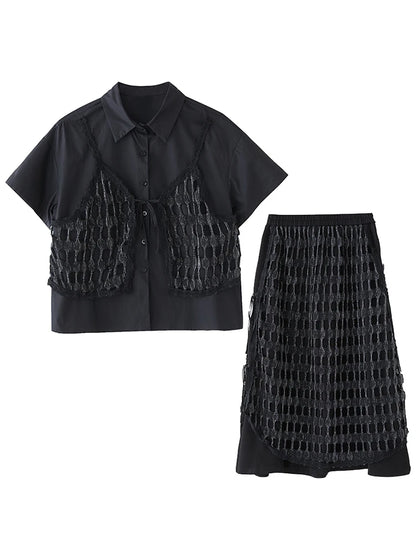 XITAO Patchwork Hollow Out Lapel Dress Set Casual Short Sleeve A-line Elastic Waist Korean Version Spring Women Set GYX1627