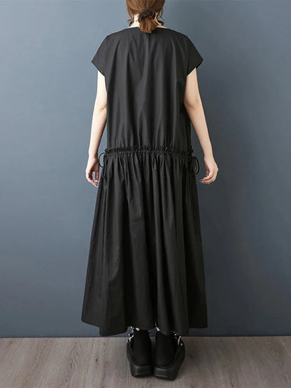 XITAO Solid Color Drawstring Dress O-neck Simple Temperament Pullover Slimming Loose Summer Woman A-line Casual Dress ZMY1331