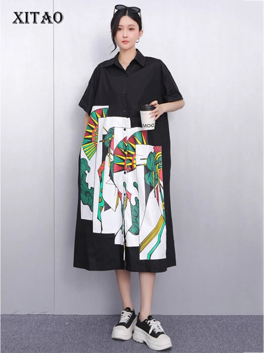 XITAO Patchwork Print Cartoon Dress Casual Turn-down Collar Loose Fitting New Single Breasted Summer Female Dress GYX1552