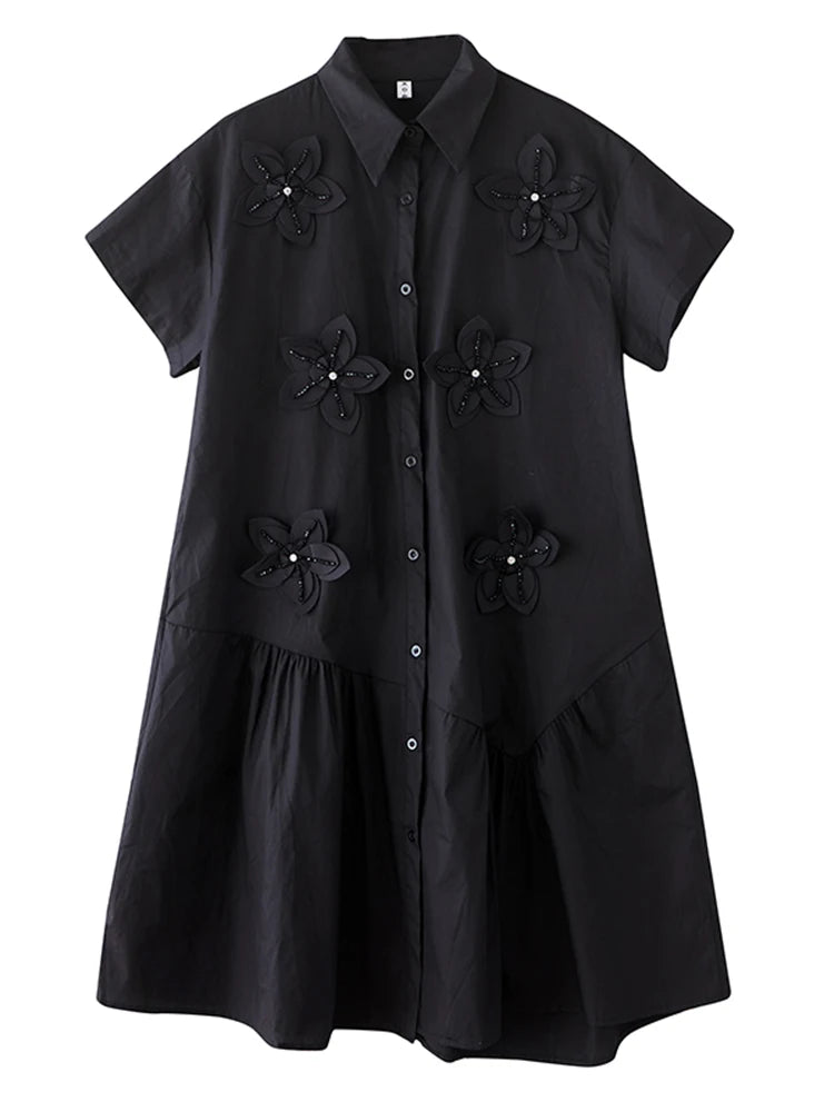 XITAO Flower Turn-down Collar Short Sleeve Dress Solid Color Irregular Patchwork Loose Casual Sweet Summer Woman Dress ZMY1386