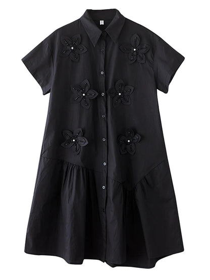 XITAO Flower Turn-down Collar Short Sleeve Dress Solid Color Irregular Patchwork Loose Casual Sweet Summer Woman Dress ZMY1386