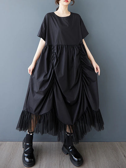 XITAO Loose Folds Female Dress Personality Mesh Irregular Patchwork Women Solid Color Slimming Vintage Pullover Dress ZMY1147