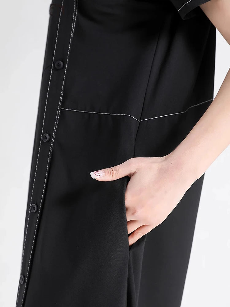 XITAO Asymmetrical Patchwork Pocket Dress Single Breasted Solid Color Short Sleeve Vintage Casual Match Slimming Dress ZMY1339