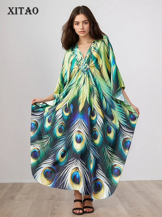 XITAO Personality Print Cartoon Thin Dress Women Summer Beach Style Bat Sleeve Loose Pullover A-line Women Dress GJ1211