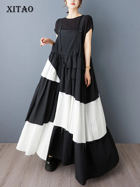 XITAO Asymmetric Patchwork Contrast Color Dress Sleeveless Casual Button Loose Fitting A-line Simple Summer Women Dress GYX1588