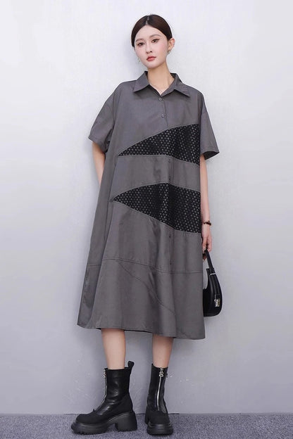 XITAO Hollow Out Patchwork Gauze Dress New Arrival Turn-down Collar Short Sleeve Pocket Loose Elegant Woman Woman Dress HQQ2512