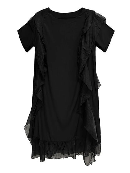XITAO Irregular Patchwork Ruffles Mesh Dress Solid Color O-neck Loose Casual Temperament Personality Summer Woman Dress ZMY1270
