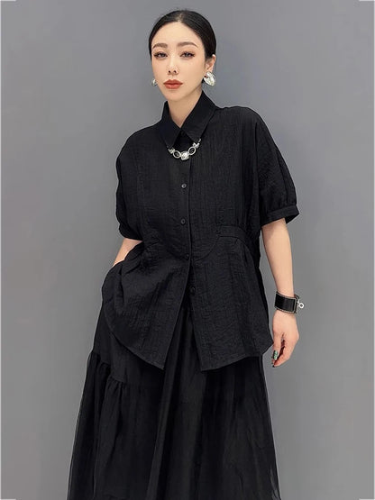 XITAO Mesh Patchwork Elastic Waist Matching Set Casual Solid Color Single Breasted Turn-down Collar New Women Set ZMY1139