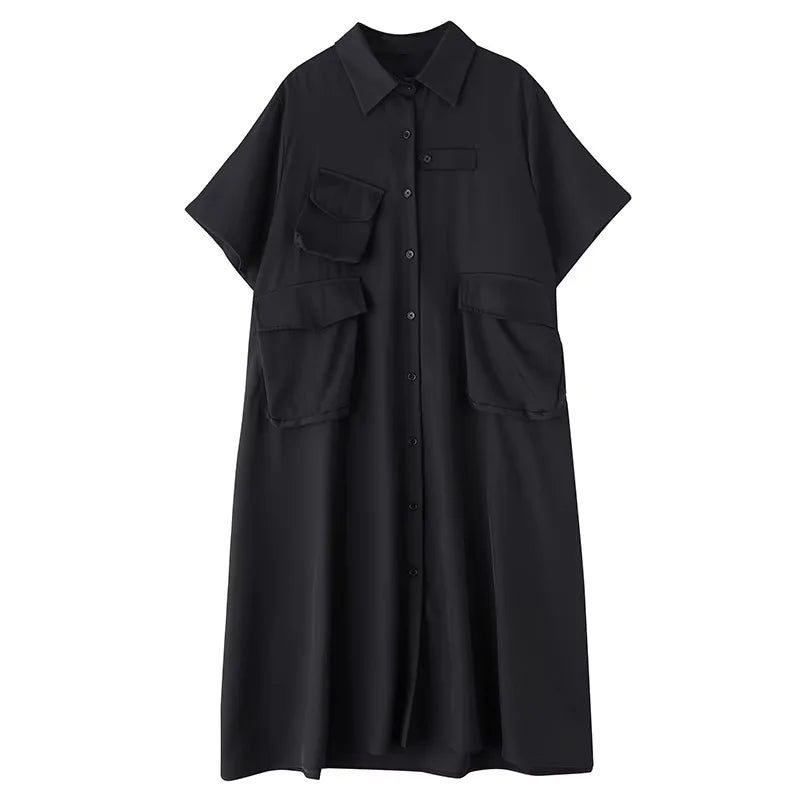 XITAO Loose Pocket Dress Fashion Temperament Simple Patchwork Women Casual Solid Color Single Breasted Shirt Dress ZMY1164
