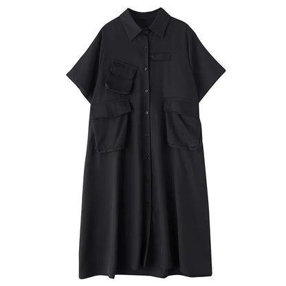 XITAO Loose Pocket Dress Fashion Temperament Simple Patchwork Women Casual Solid Color Single Breasted Shirt Dress ZMY1164
