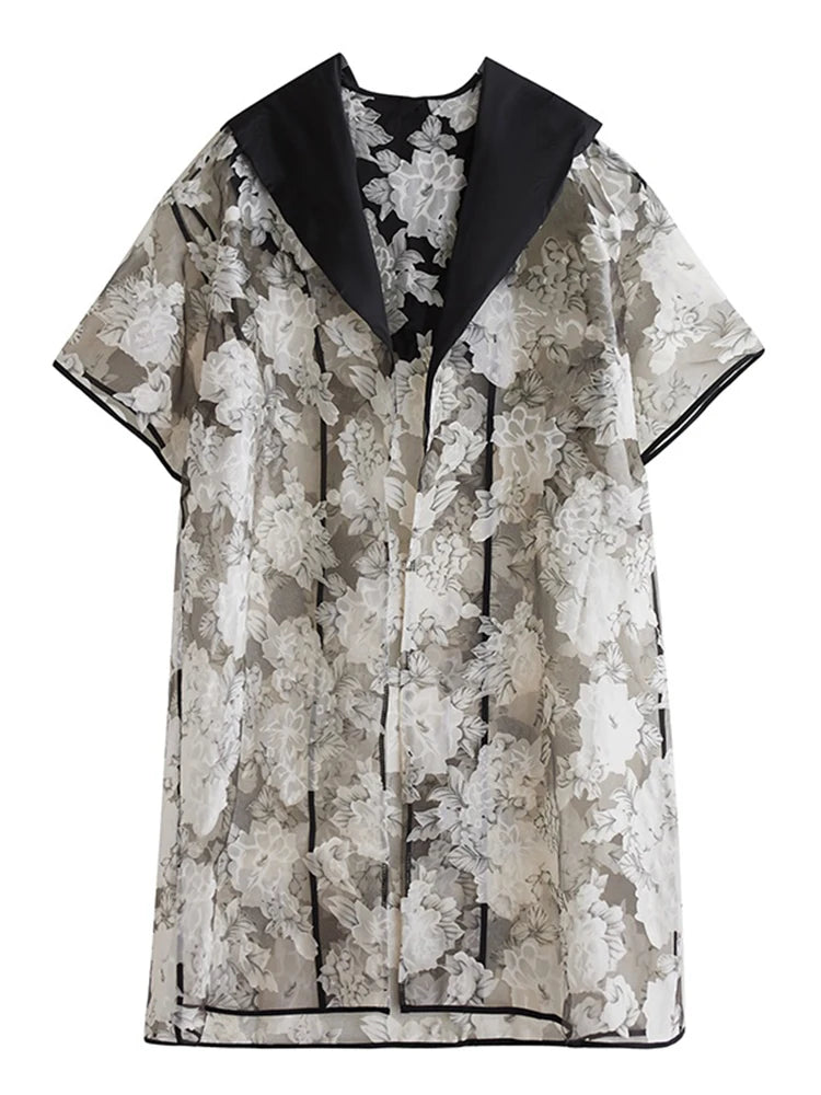 XITAO Print Patchwork Contrast Color Female Trench Hooded All-match Gauze Half Sleeve Summer Woman Cardigans Trench ZMY1257