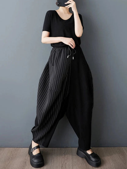 XITAO Stripe Drawstring Patchwork Pant Elastic Waist Hong Kong New Casual Loose Fitting Personality Spring Women Pant ZMY1054