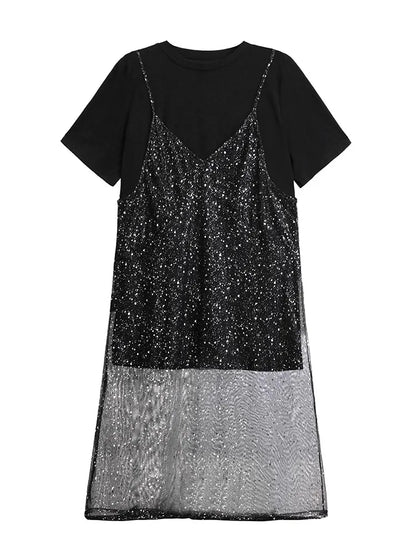XITAO Sequin Mesh O-neck Dress Casual Loose Fitting A-line Hong Kong Elegant Fashion Personality Summer Women Dress ZMY1235