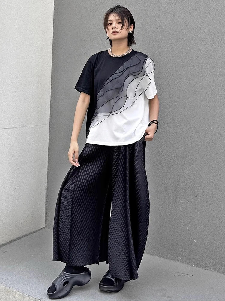 XITAO Patchwork Contrast Color Mesh T-Shirt Casual Loose Fitting O-neck Short Sleeve New Pullover Summer Women Top GYX1667