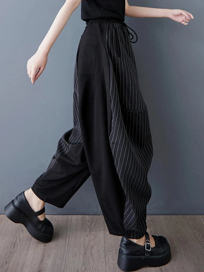 XITAO Stripe Drawstring Patchwork Pant Elastic Waist Hong Kong New Casual Loose Fitting Personality Spring Women Pant ZMY1054