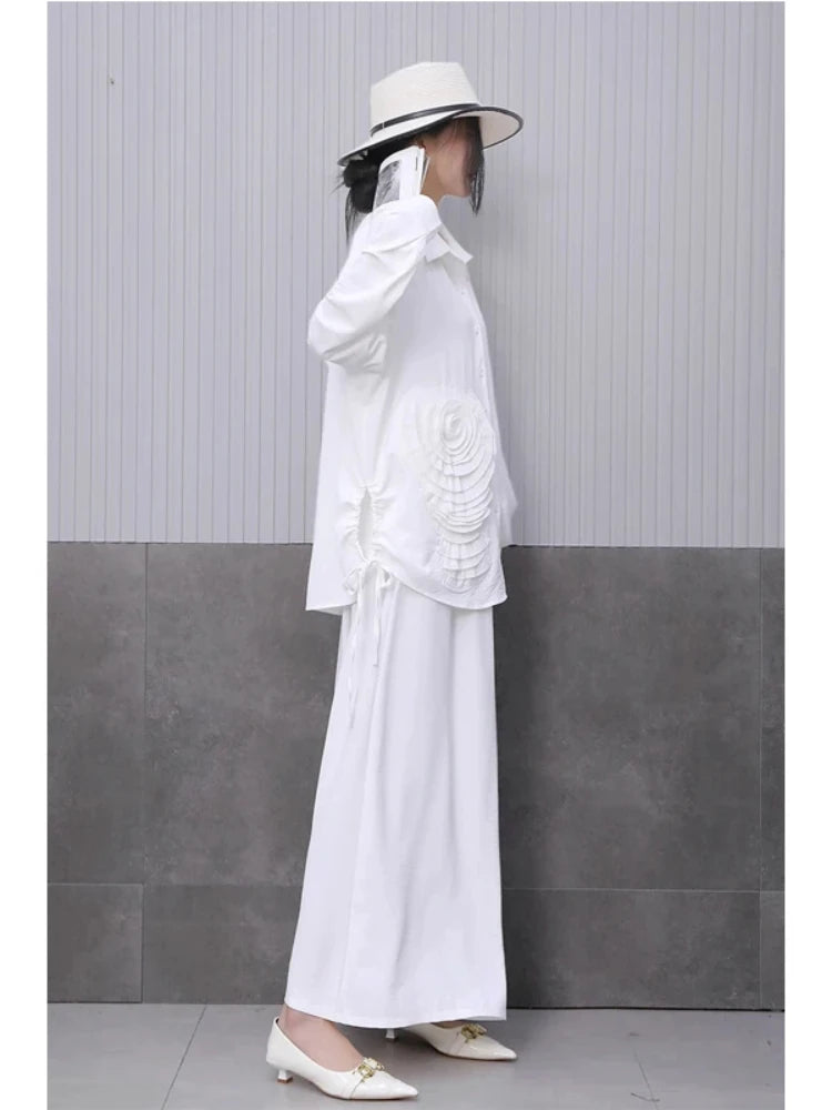 XITAO Three-dimensional Bandage Pant Sets Solid Color Single Breasted Turn-down Collar Loose Top Elastic Waist Pan GYX1529