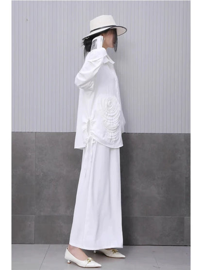 XITAO Three-dimensional Bandage Pant Sets Solid Color Single Breasted Turn-down Collar Loose Top Elastic Waist Pan GYX1529