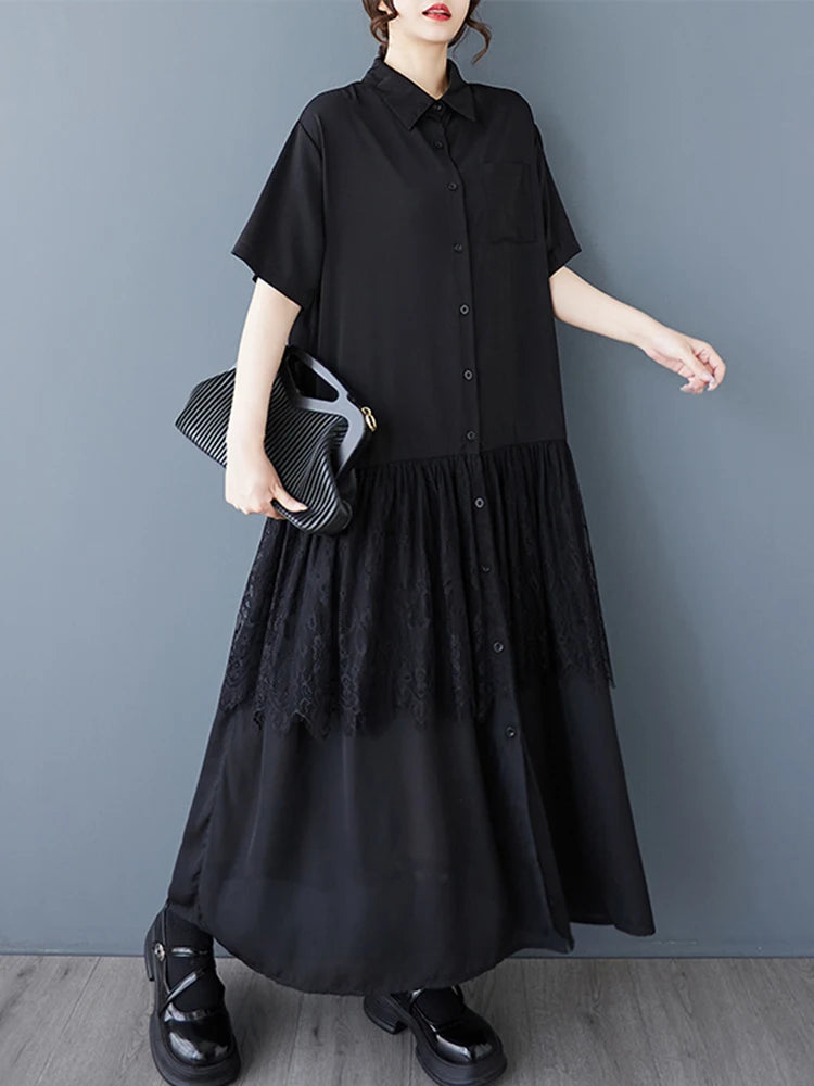 XITAO Lace Patchwork Turn-down Collar Dress Casual A-line Single Breasted Loose Fitting Hong Kong New Summer Women Dress HQQ2484