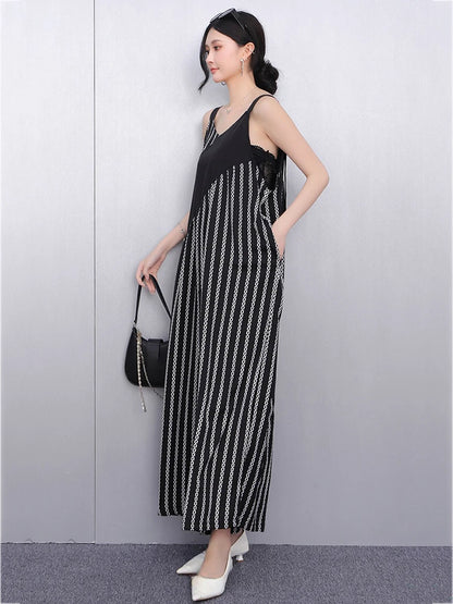 XITAO Patchwork Stripe Wide-leg Jumpsuit Casual Sleeveless New Rompers Loose Fitting Simple Spring Women Jumpsuit GYX1555