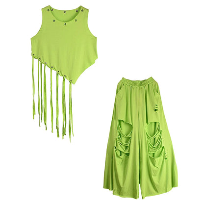 XITAO Personality Sleeveless Women Set Asymmetrical Tassel T-shirt Top Hole Wide Leg Pants Two Pieces Sets Street Trendy DMJ4145