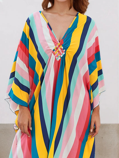 XITAO Contrast Color Striped A-line Dress Pullover Print V-neck Fashion Bat Wing Sleeve Summer Woman Ankle-length Dress GJ1177