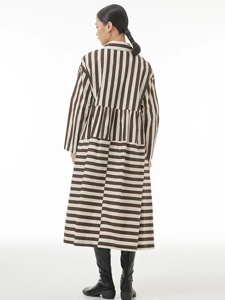 XITAO Striped Full Sleeve Dress Contrast Color Loose Casual Appear Thin Single Breasted 2024 Spring Women New Dress DMJ2672