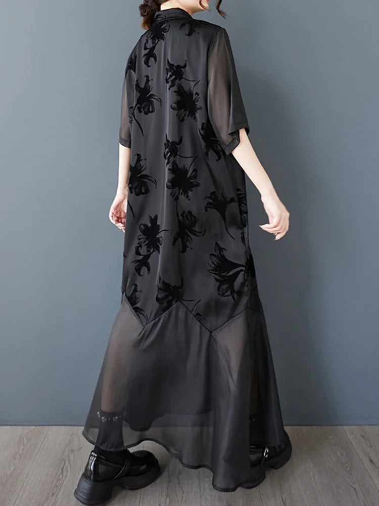 XITAO Vintage Patchwork Mesh Dress Loose Slimming A-line Women Summer Casual Single Breasted Temperament Shirt Dress ZMY1247
