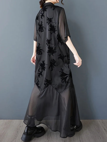 XITAO Vintage Patchwork Mesh Dress Loose Slimming A-line Women Summer Casual Single Breasted Temperament Shirt Dress ZMY1247
