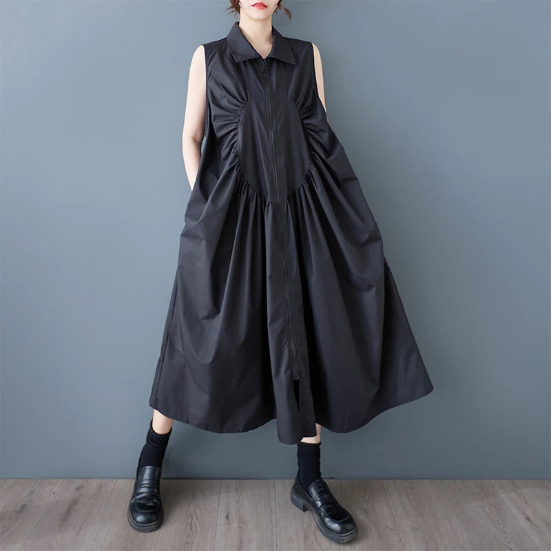 XITAO Zipper Pleated Lapel Dress Casual Sleeveless Solid Color Turn-down Collar A-line New Patchwork Summer Female Dress GYX1549
