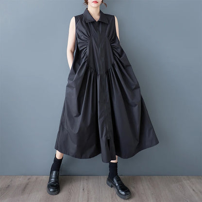 XITAO Zipper Pleated Lapel Dress Casual Sleeveless Solid Color Turn-down Collar A-line New Patchwork Summer Female Dress GYX1549