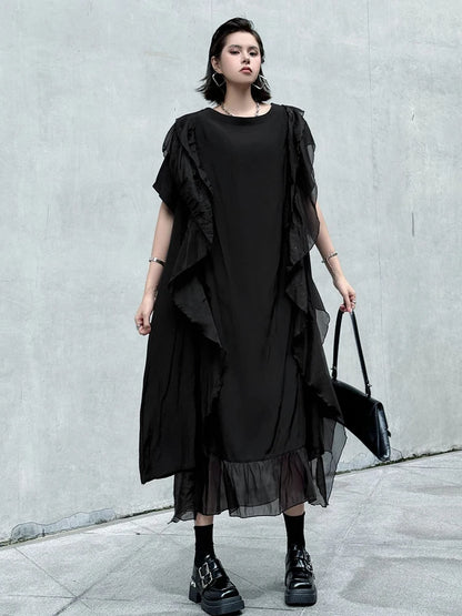 XITAO Irregular Patchwork Ruffles Mesh Dress Solid Color O-neck Loose Casual Temperament Personality Summer Woman Dress ZMY1270