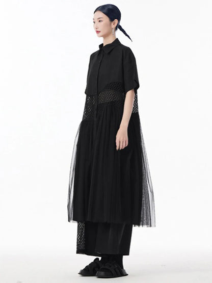 XITAO Patchwork Mesh Lapel Hollow Out Dress Casual A-line Short Sleeve Single Breasted Turn-down Collar Female Dress GYX1583