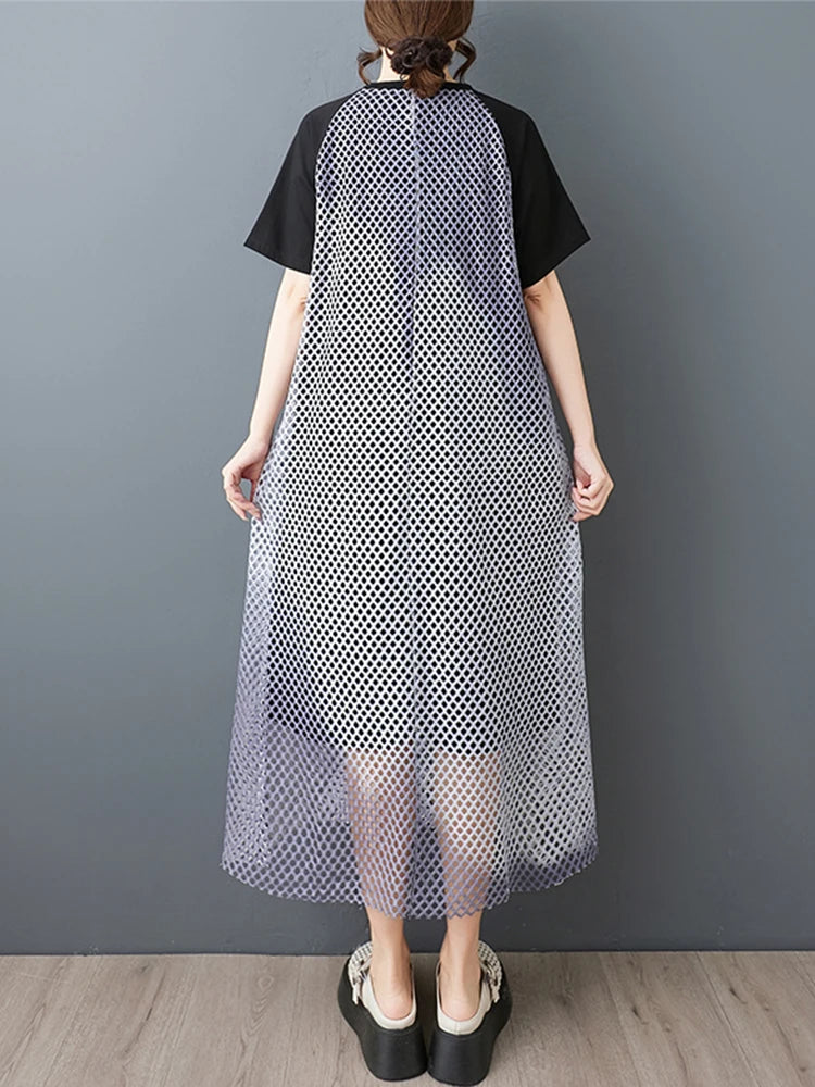 XITAO Patchwork Contrast Color Female Dress Mesh Hollow Out O-neck Short Sleeve Temperament Loose Summer Woman Dress ZMY1258