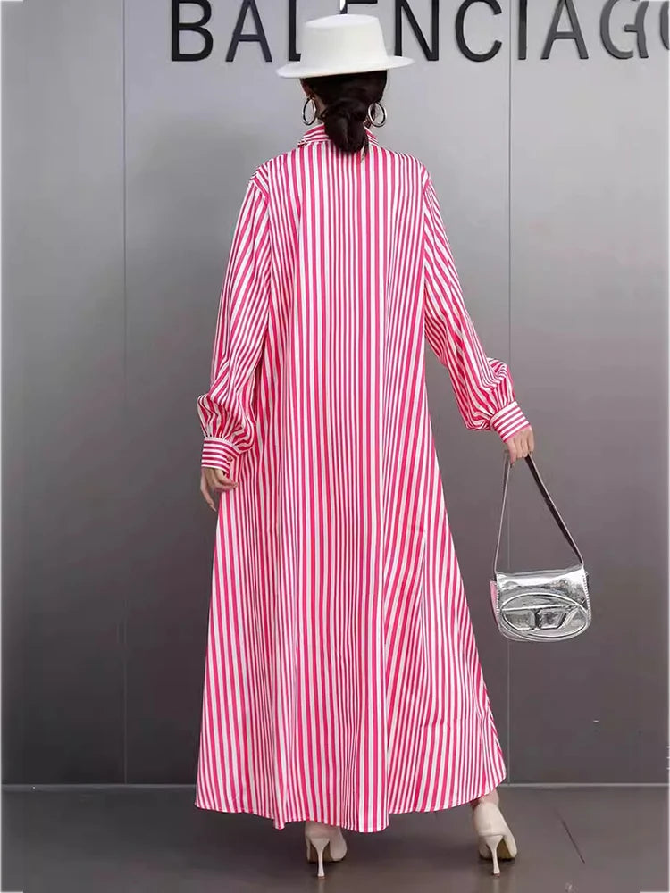 XITAO Stripe Single Breasted Flower Dress Casual Full Sleeve Turn-down Collar Loose Fitting Leisure Spring Female Dress GYX1524