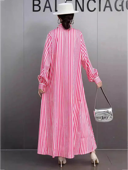XITAO Stripe Single Breasted Flower Dress Casual Full Sleeve Turn-down Collar Loose Fitting Leisure Spring Female Dress GYX1524