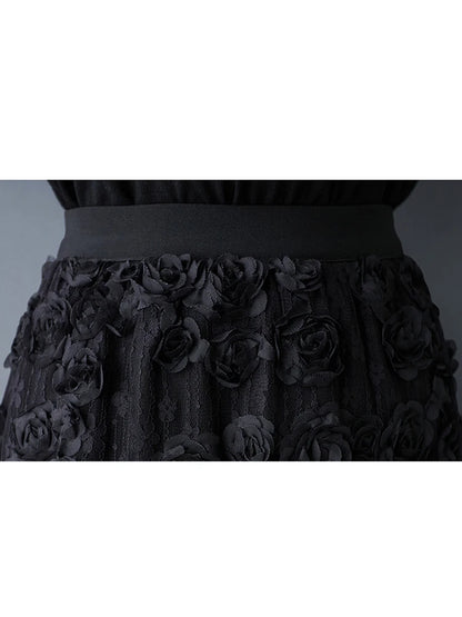 XITAO Three-dimensional Decoration Flower Gauze Skirt Elastic Waist Patchwork A-line Loose Slimming Temperament Skirt ZMY1066