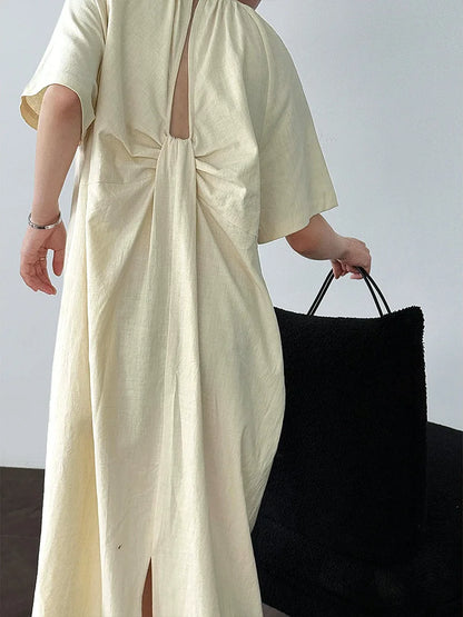 XITAO Back Hollow Out Loose Dress Solid Color Casual O-neck Temperament Short Sleeve Simple Slimming Summer Woman Dress ZMY1290