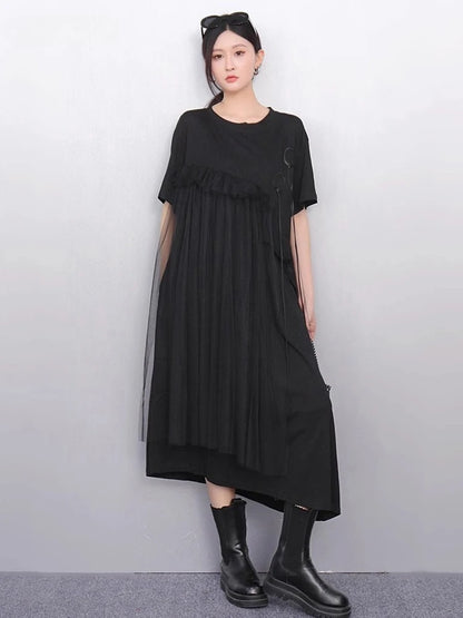 XITAO Irregular Solid Color Loose Dress O-neck Short Sleeve Gauze Patchwork Short Sleeve Elegant Summer Woman Dress ZMY1376