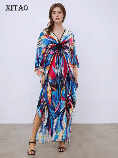 XITAO Contrast Color Print Dress Pullover V-neck Loose Personality Slimming Side Slit Bat Wing Sleeve Summer Woman Dress GJ1155